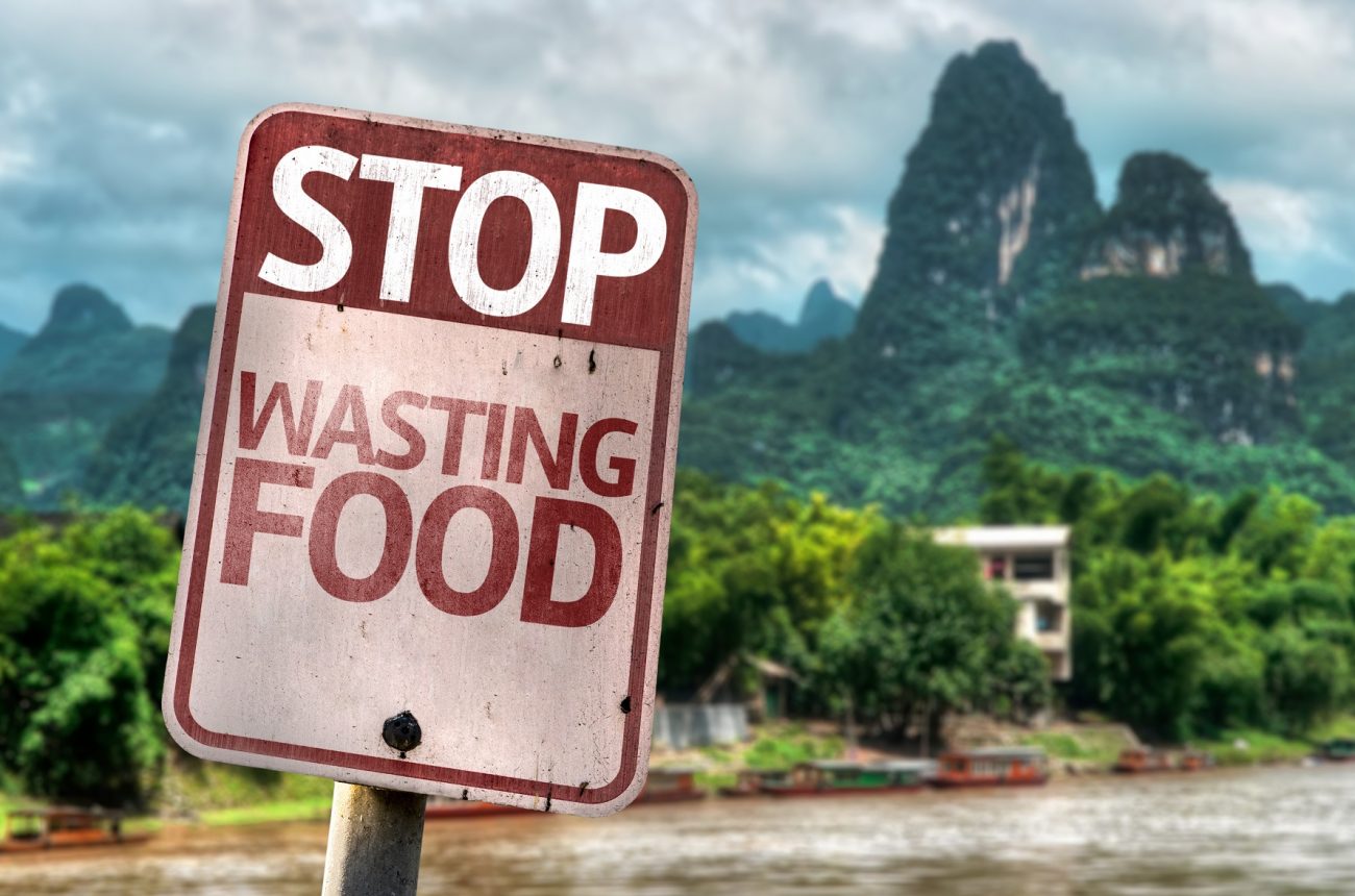 Stop Wasting Food sign with a forest background