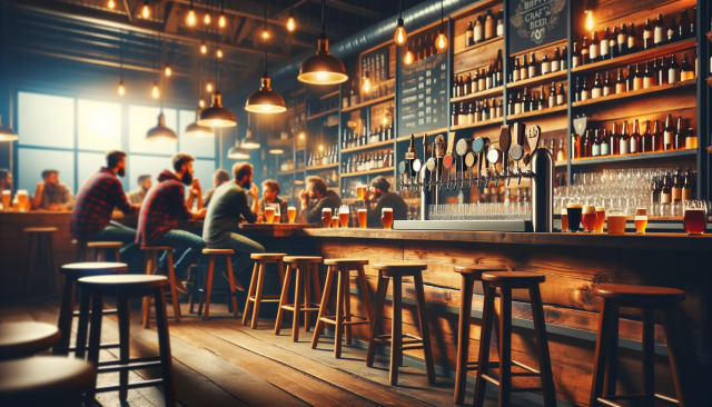 An image of a cozy craft brewery interior, with wooden bar stools, a variety of craft beer taps, and patrons enjoying different types of beers. The at