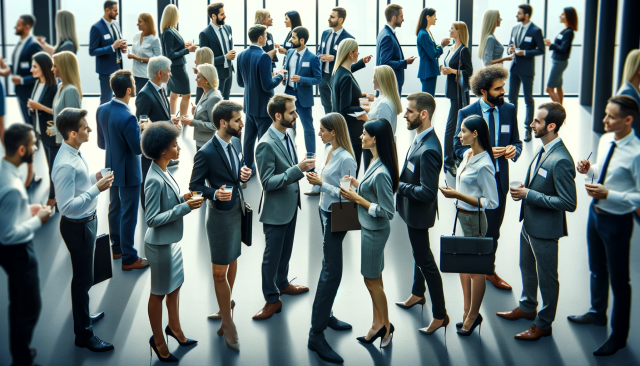 A professional networking event in a modern corporate setting, showing a diverse group of people engaging in conversations, exchanging business cards,