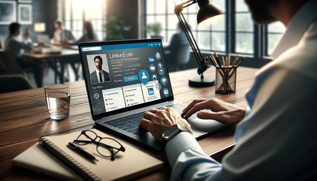 A professional working on a laptop with social media platforms open, showcasing a well-organized LinkedIn profile on the screen. The environment shoul