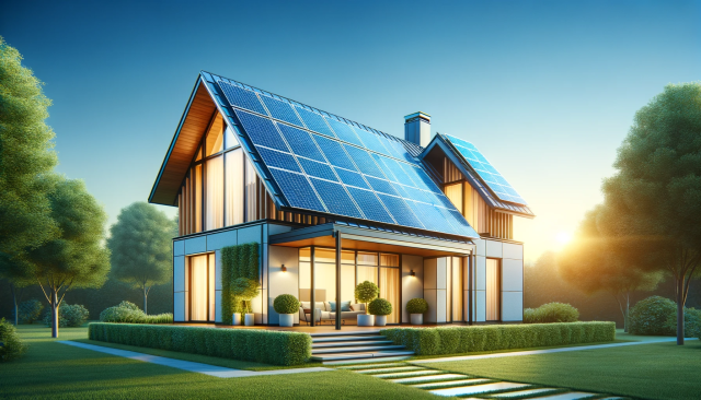 A modern home with solar panels installed on the roof, set against a clear blue sky, representing the shift towards renewable energy in residential ar