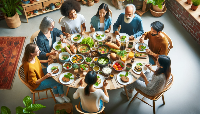 An image depicting a group of diverse people enjoying a vegan meal together, sitting around a table filled with plant-based dishes. The scene should c