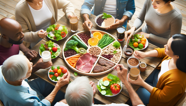 An image of a diverse group of people enjoying a healthy meal together, emphasizing a balanced diet. The meal should include a variety of foods with a