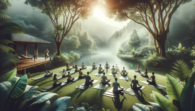 An image of a tranquil yoga session in a peaceful outdoor setting, with a group of people practicing yoga poses on mats surrounded by nature. The scen