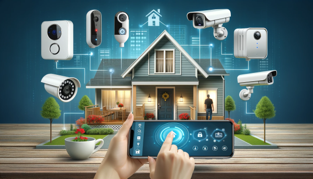 A modern home equipped with smart security features. Visualize a front door with a smart lock and a video doorbell, a homeowner monitoring their prope