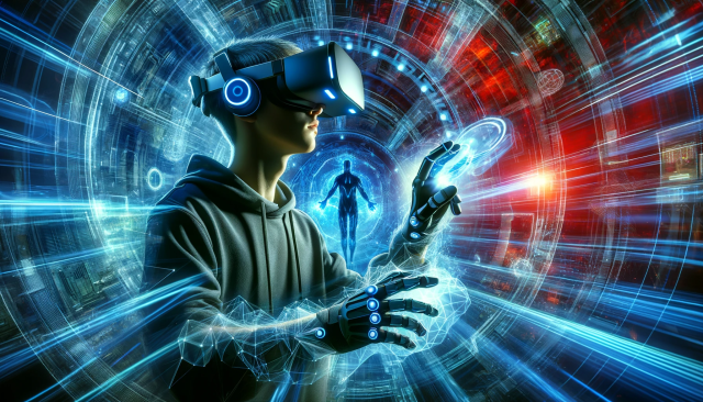 A futuristic image showing a person immersed in a virtual reality gaming experience. The gamer is wearing a VR headset and motion tracking gloves, eng