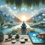 A peaceful and calming environment illustrating the concept of wellness and work-life balance. Include elements like a person meditating, serene natur