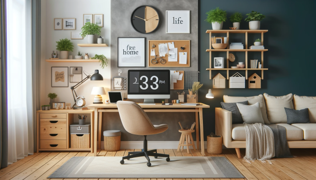 A cozy and organized home office setup, illustrating the flexibility of freelancing. The workspace should include a modern desk with a computer, comfo