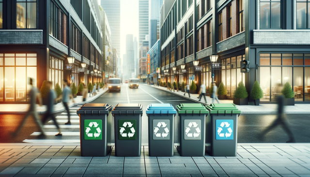 An urban street scene with multiple recycling bins for public use, clearly labeled for different types of recyclables like paper, glass, and plastic.