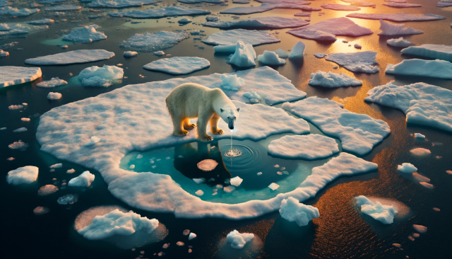 An image showing a polar bear in a diminishing arctic habitat, with melting ice and an expansive water body. This scene highlights the impact of clima