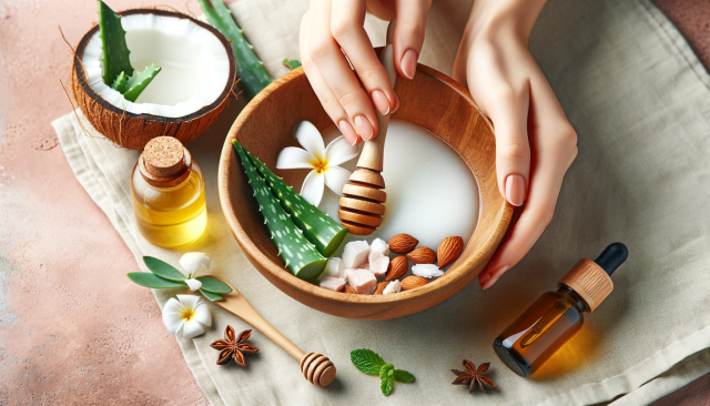A close-up image of a person mixing natural skincare ingredients in a bowl, symbolizing the process of creating DIY skincare products. The scene shoul