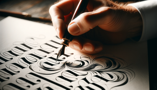 A hand gracefully writing calligraphy with a dip pen on high-quality paper, showcasing elegant lettering. The image should capture the intricate movem